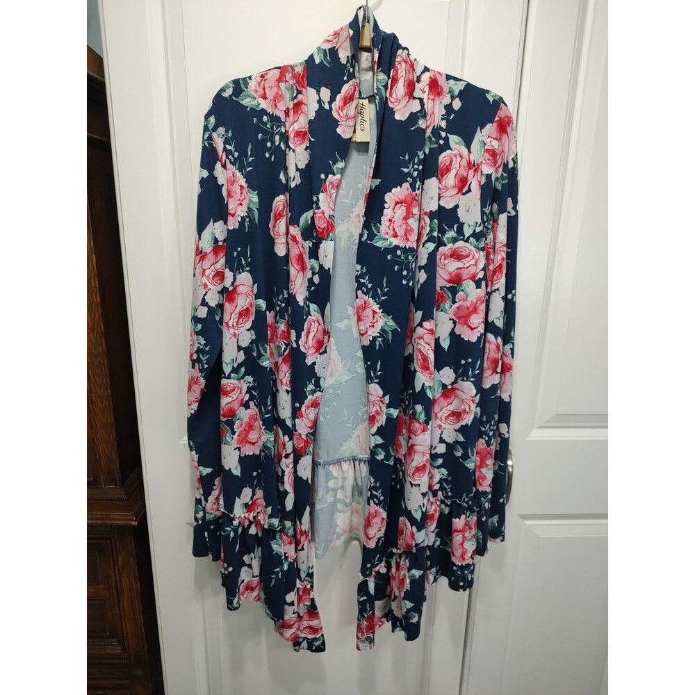 Women's Haptics Super Soft Blue/Pink Floral Open Front Knit Cardigan Size: 2XL